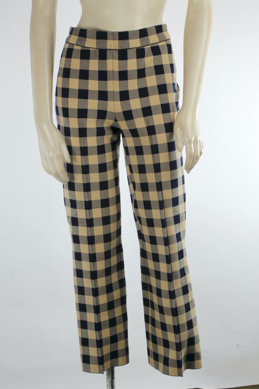 High Sport Beige Navy Gingham Plaid Stretch Knit Kick Flare Pants Size S Italy